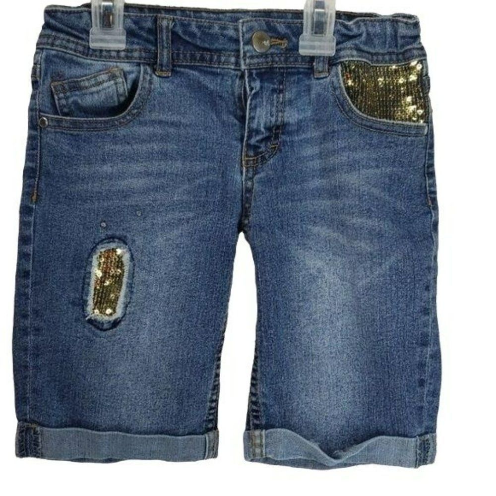 Total Girl Gold Sequined Roll Up Bermuda Denim Blue Jean Shorts Size 10